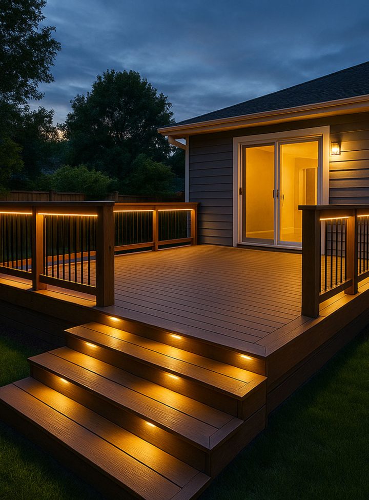 A beautifully lit wooden deck at dusk featuring warm LED lights along railings and steps, enhancing safety and ambiance.